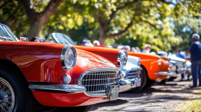 Fototapeta Classic cars on display at a spring festival in a scenic outdoor park
