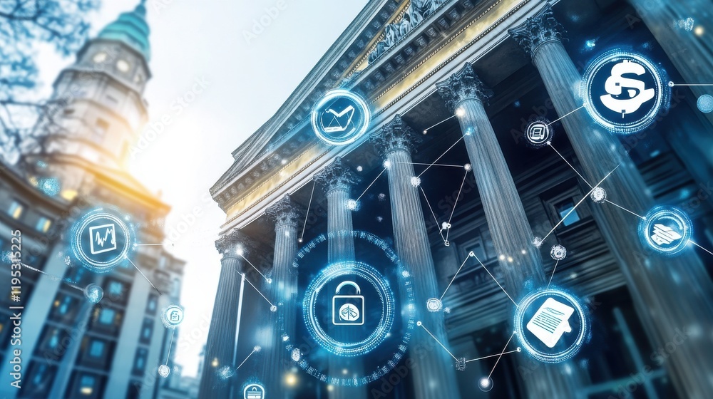 Aufkleber harmonious integration of fintech platforms at historic financial center during twilight