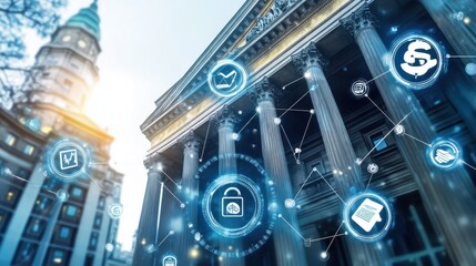 Harmonious integration of fintech platforms at historic financial center during twilight