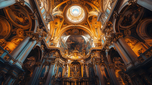 A Baroque palace adorned with golden accents and lavish frescoes.