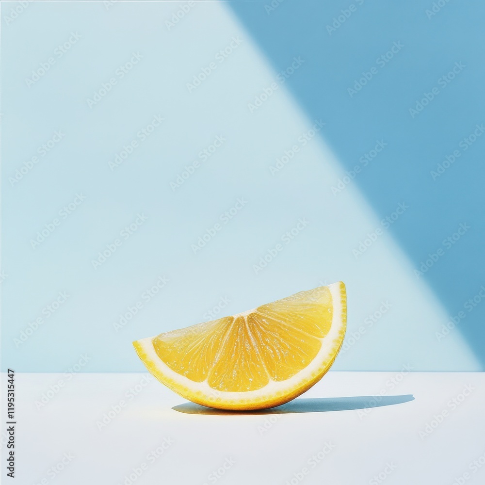 Aufkleber Fresh lemon slice resting on a light surface with a blue background and strong shadow casting at midday
