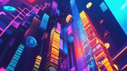 Futuristic financial landscape with digital skyscrapers and floating currency symbols at night