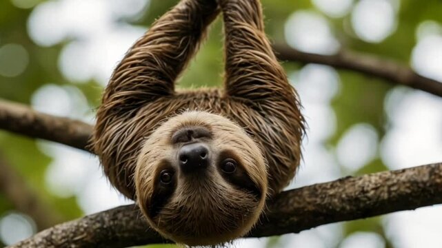 Three-toed sloth hanging on a tree branch