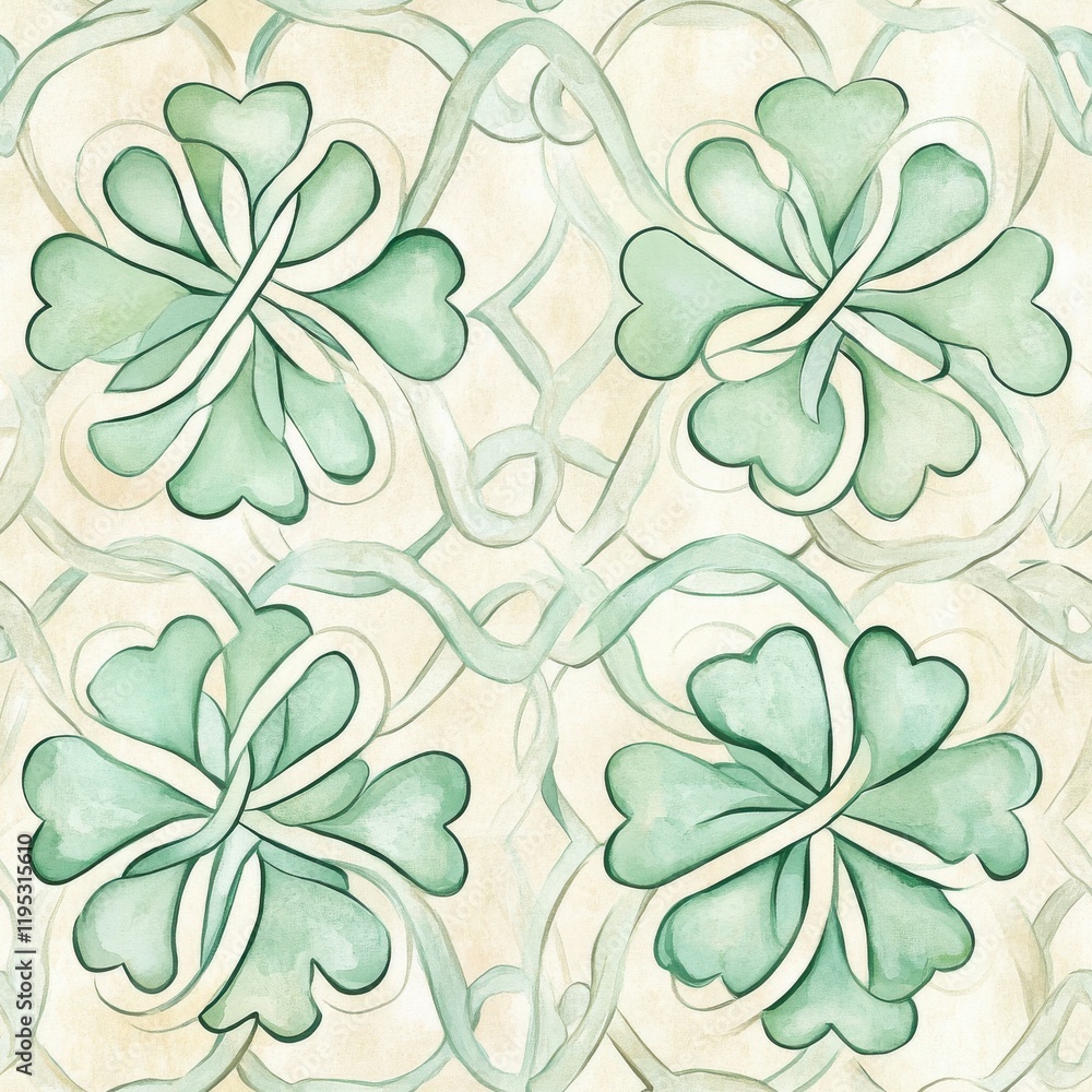 Poster gentle watercolor doodle featuring intertwined shamrocks in a soft green pattern on a light backgrou