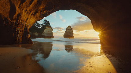 A beach sunset viewed through a cave opening with the sun casting reflections on the wet sand.