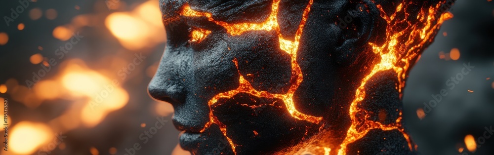 Poster dynamic visualization of a face merging with flowing lava in an abstract art display