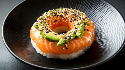 A beautifully plated sushi donut made with rice salmon avocado and sesame seeds presented on a sleek black plate.