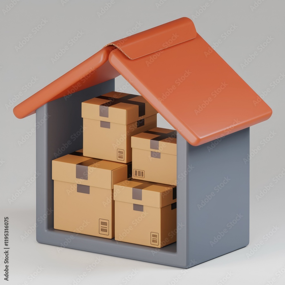 Poster house-shaped storage unit filled with four cardboard boxes, symbolizing home delivery or storage.