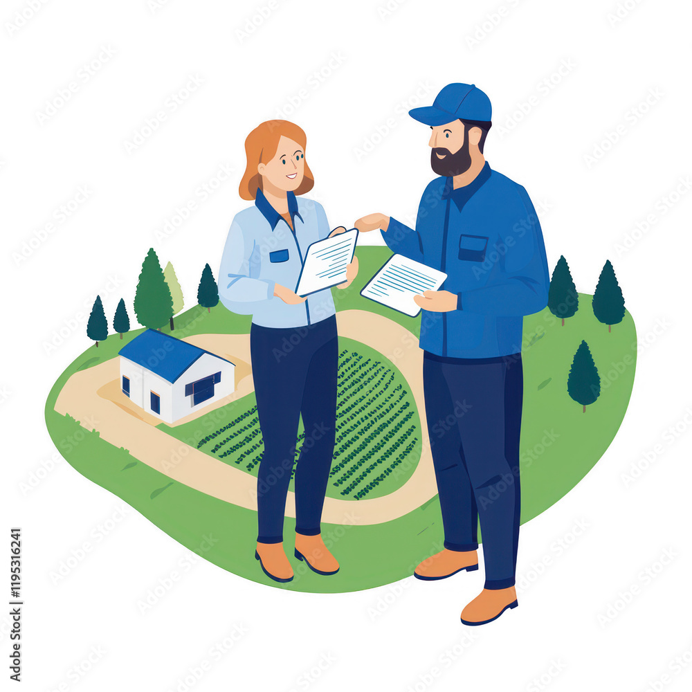 Poster two professionals discussing project details in a rural setting., isolated on a transparent backgrou