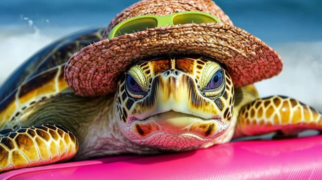 Sea turtle enjoys a sunny beach day while sporting a stylish straw hat and sunglasses