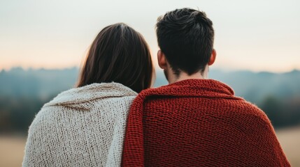 Fototapeta premium Couple enjoying mountain landscape at sunset covered by blanket