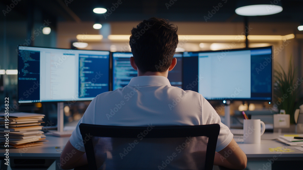 Poster open office workspace with team member analyzing code
