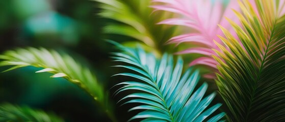 Obraz premium Vibrant Tropical Palm Leaves Neon Gradient Surreal Background