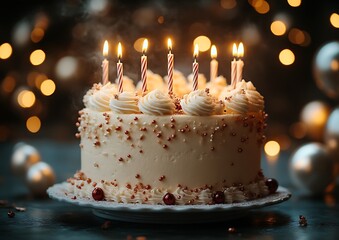 Festive vanilla cake with lit candles.