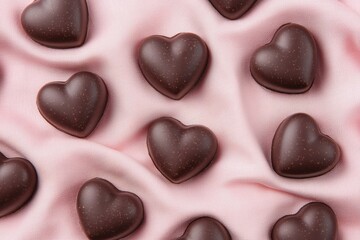 Fototapeta premium Heart shaped chocolates lying on pink silk fabric