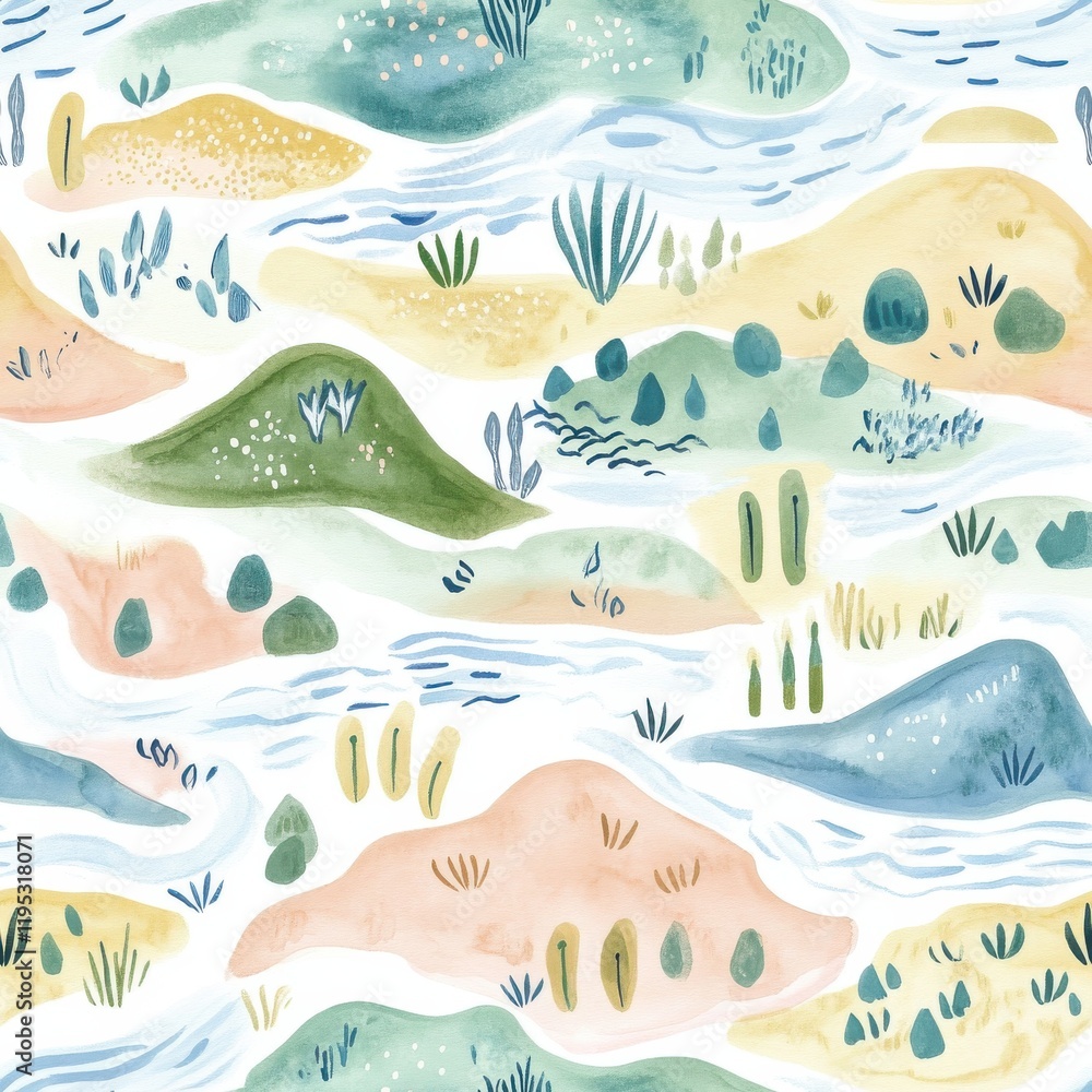 Aufkleber beautiful watercolor doodle of calming landscapes with gentle waves and lush greenery creating a ser