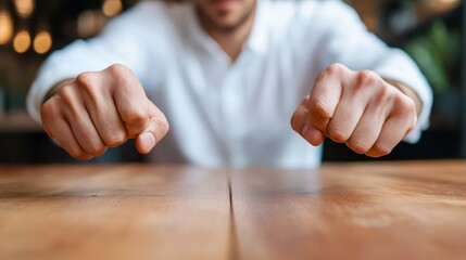 Tension builds as hands pound on a wooden table in a bustling cafe