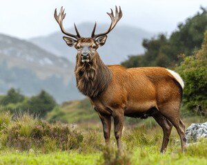 Obraz premium Majestic Red Deer Stag in Scenic Scottish Highlands - Captivating Wildlife Photography Featuring Antlered Deer Amidst Lush Greenery and Rolling Hills