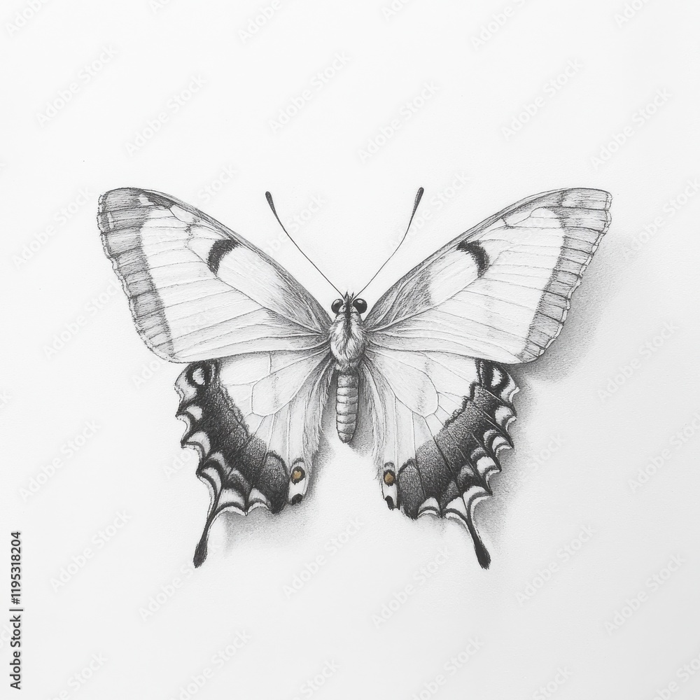 Poster Symmetrical butterfly drawing featuring intricate wing patterns and detailed features