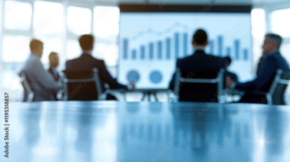 Poster blurred image of business meeting with focus on data presentation and discussion insights