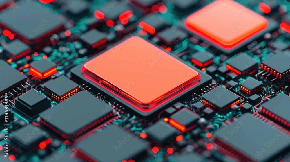 Poster close-up view of modern circuit board with bright red components
