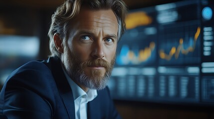 Obraz premium Pensive businessman in office, charts on screen.