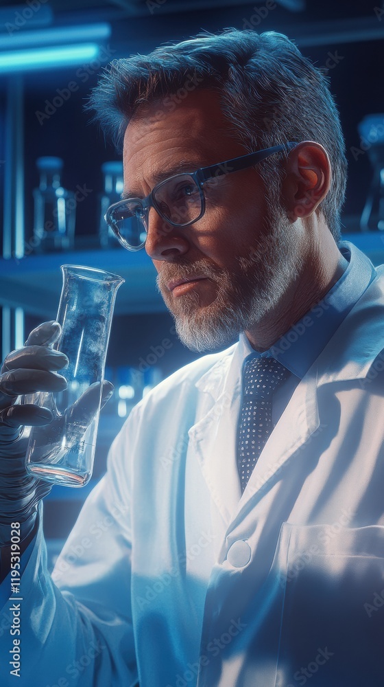 Aufkleber Portrait of a scientist in a laboratory analyzing a liquid in a beaker during a research experiment