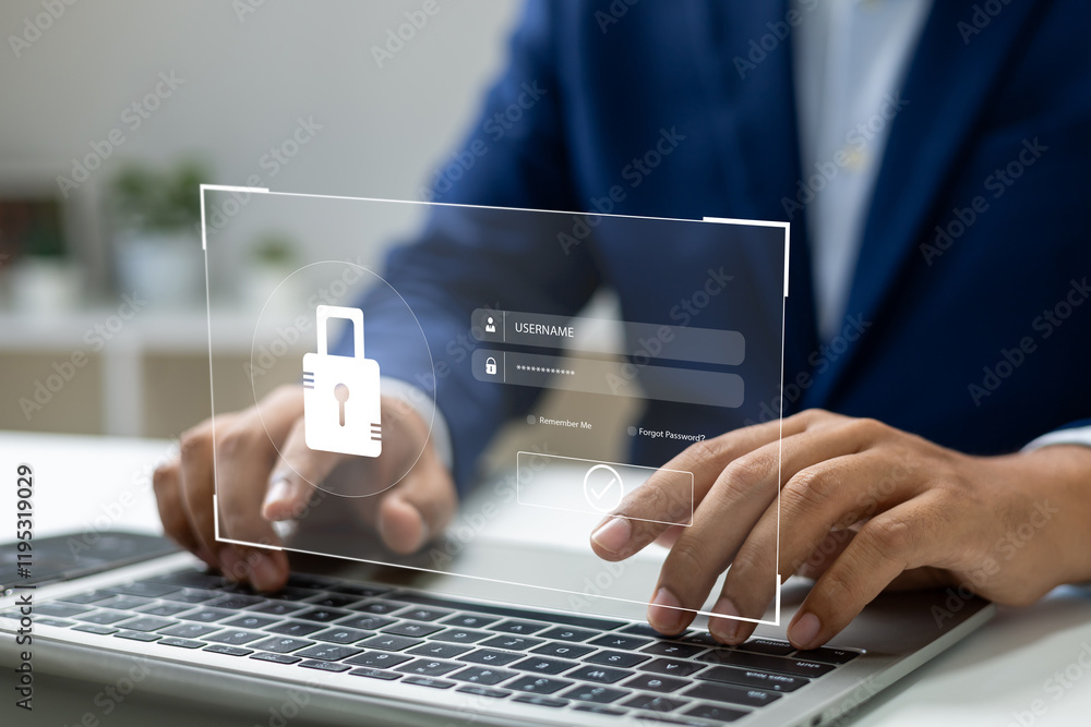 Poster cybersecurity protects login and secure internet access, businessman secure data on laptop with encr