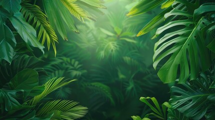 Lush Green Tropical Foliage with Sunlight Filtering Through Leaves