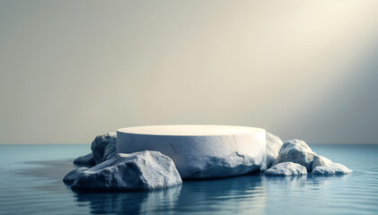 a round pedestal platform with stone. The rocks and water give a calming natural spa feeling