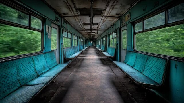 Empty, abandoned train car interior with teal seats and lush green forest visible through windows.