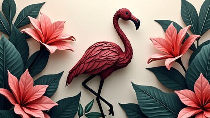 A vibrant image of a pink flamingo, rendered in a paper art style, surrounded by lush tropical leaves and colorful flowers.