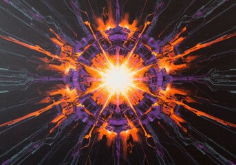 Obraz premium Vibrant Abstract Digital Art with Explosive Symmetrical Pattern Featuring Orange and Purple Colors, Radiating Cosmic Energy and Modern Aesthetic for Stunning Visuals