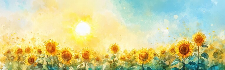Obraz premium Sunflowers bloom under a bright sun in a vibrant watercolor landscape during a serene summer evening