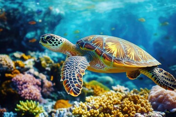 Fototapeta premium A sea turtle gracefully swims in a vibrant coral reef, showcasing the beauty and diversity of underwater life.
