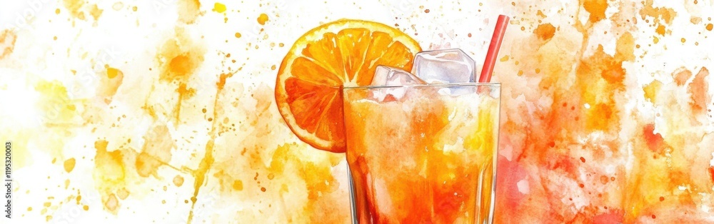 Poster refreshing drink with orange slice and ice in a vibrant watercolor background depicting summer vibes