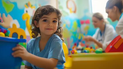 A bright hospital play area for pediatric patients with colorful murals toys and medical staff engaging with children.