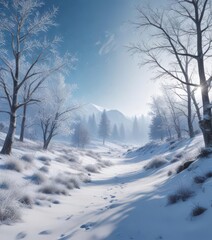 Snowflakes gently fall on a serene blue winter landscape,  winter,  serene, blue
