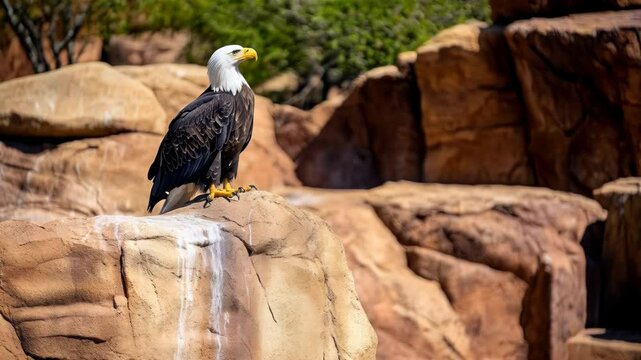 Majestic bald eagle perched on a rock formation, showcasing its white head and brown body against a blurred background of rocks and greenery.