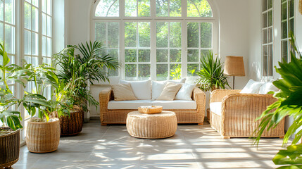 A bright sunroom with wicker furniture tropical plants and a natural stone floor.