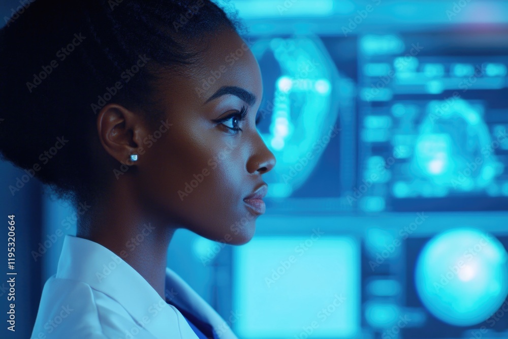 Poster scientist in lab coat analyzing medical scan data.