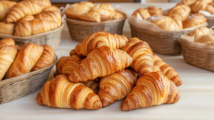 A pile of croissants in a traditional French bakery display, surrounded by baskets of baguettes and pastries
