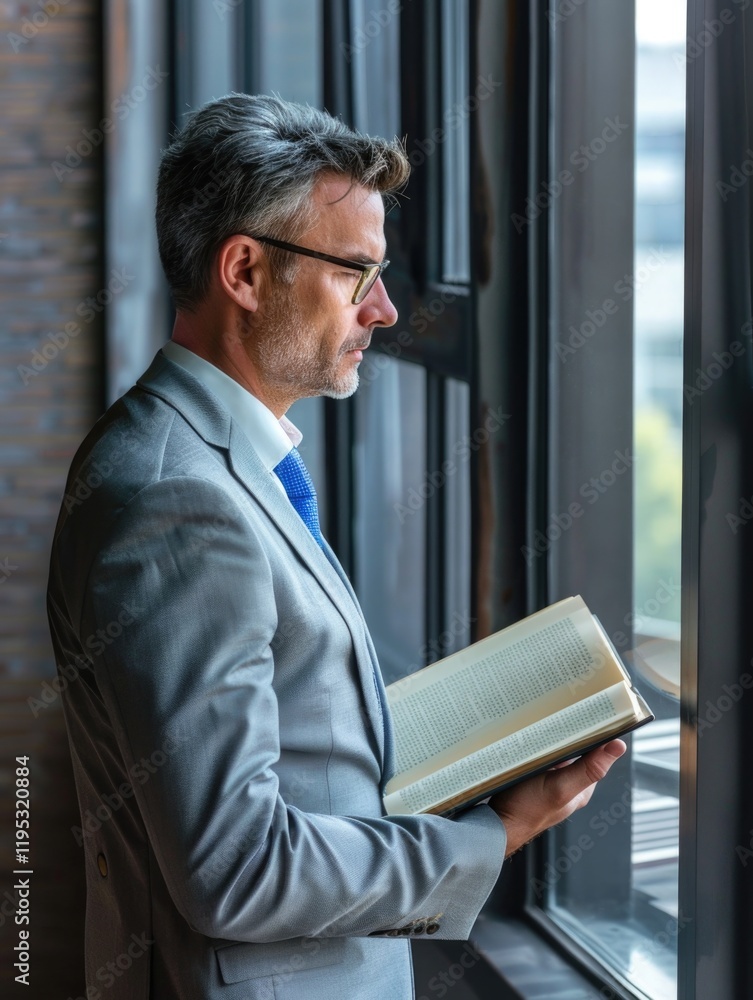 Aufkleber man in a suit is reading a book while looking out the window. concept of focus and concentration as 