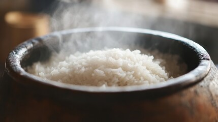 Close-up of rice cooking in a traditional clay pot. Featuring bubbling and steaming rice. Emphasizing traditional cooking methods. Ideal for culinary history and traditional recipe documentation.