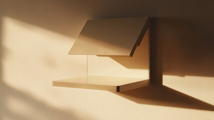 Minimalist wooden shelf resembling a tiny house illuminated by warm sunlight