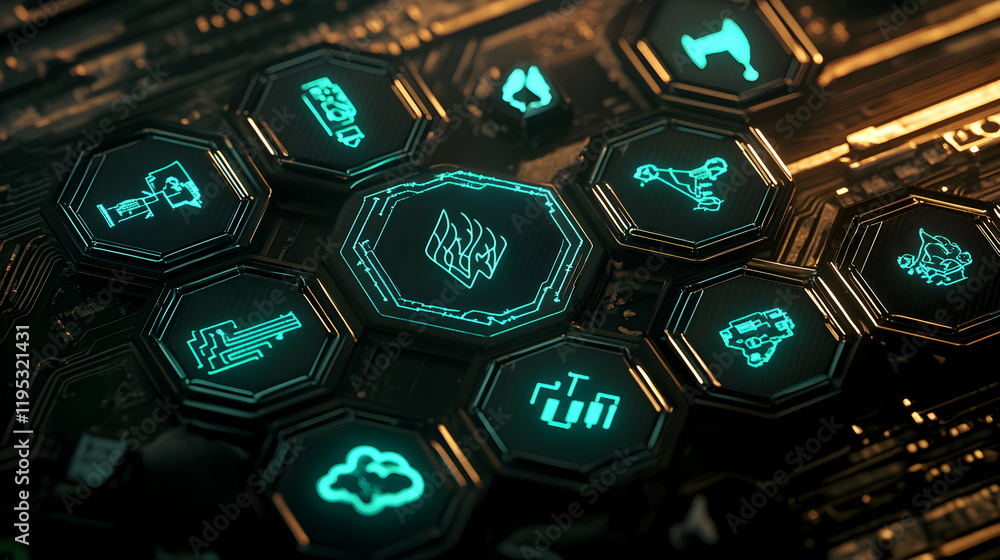 Poster abstract futuristic technology background with glowing hexagonal icons representing various industri