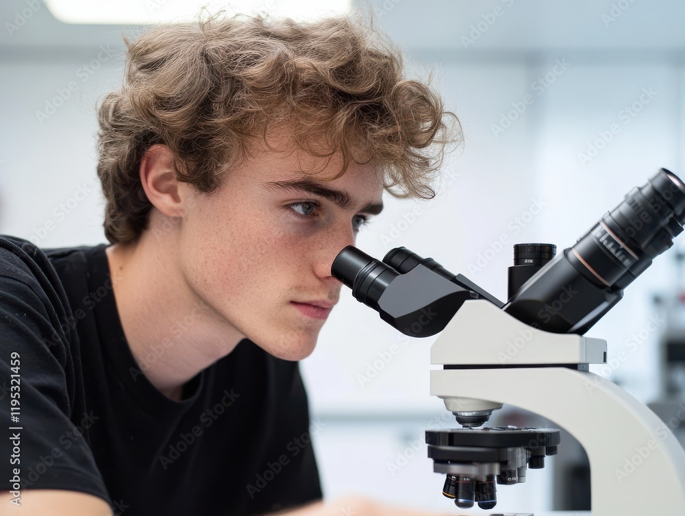 Leinwandbilder Young scientist examining samples through a microscope in a modern laboratory setting