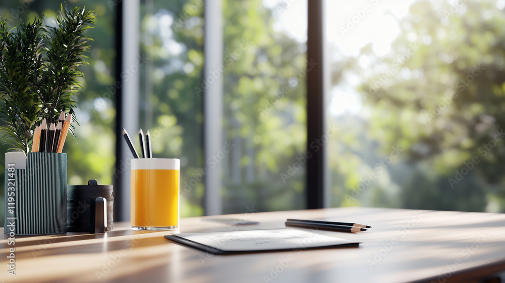 Poster minimalist workspace with designer sketching near a window