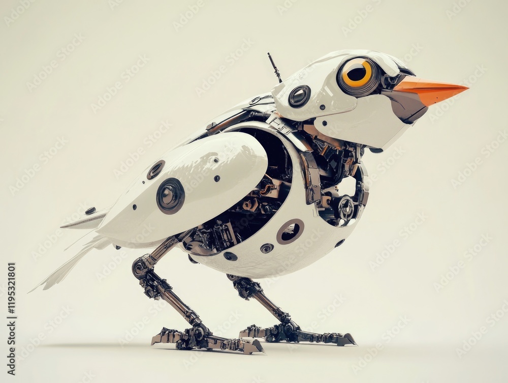 Poster high-tech bird with mechanical parts and features for advanced capabilities.