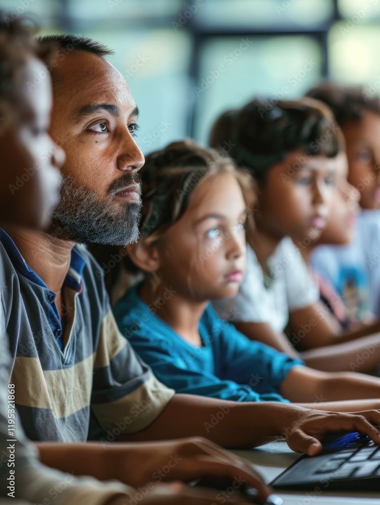 Poster children learning computer skills under the guidance of a man in a classroom environment.